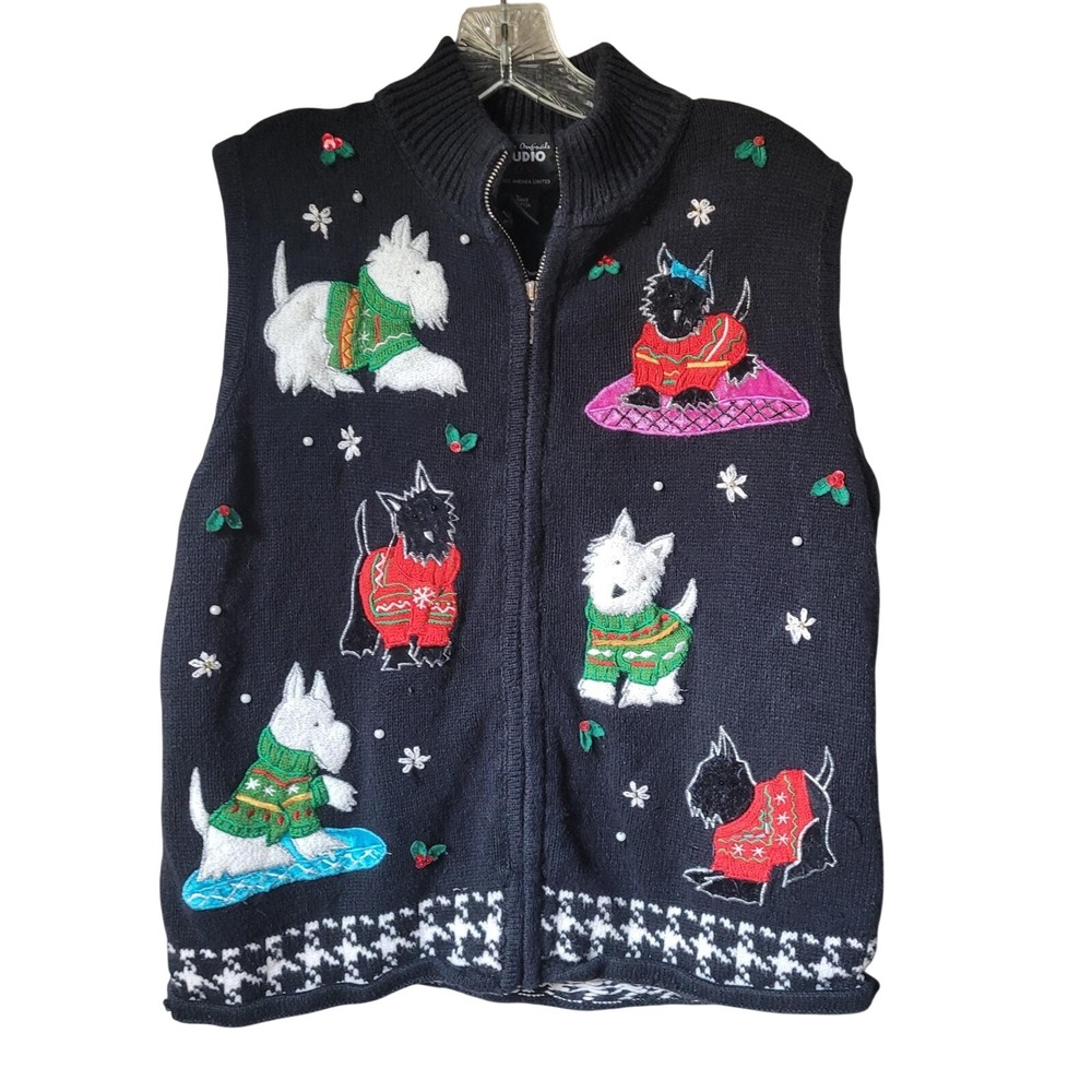 Vintage Westie Dog Christmas Sweater Vest Black Embroidered Novelty Kitsch Gift